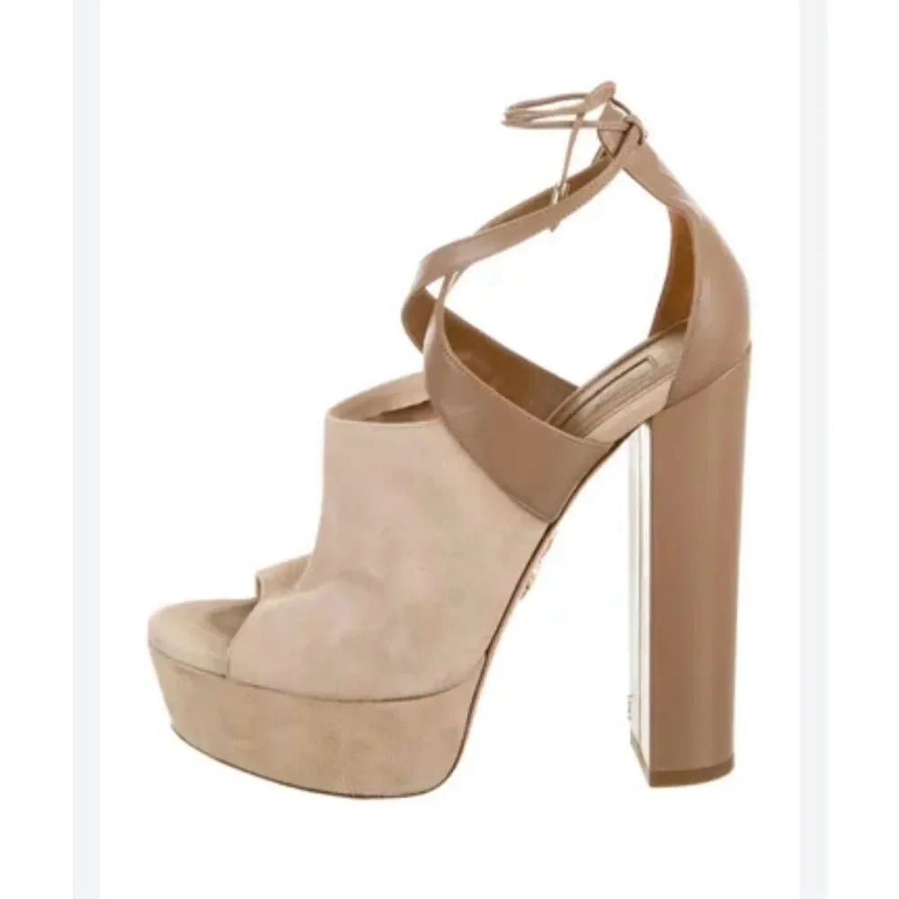 Aquazzura Kaya Beige Biscotto Platform Open Toe Suede Heels sz 41 or 10.5 NWOT